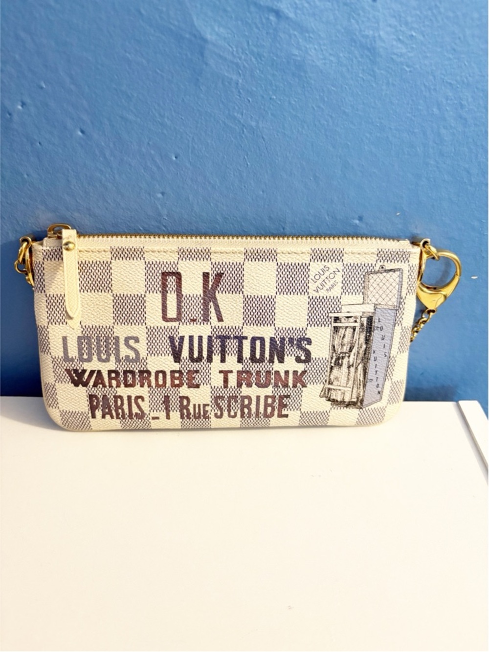 Louis Vuitton Limited Edition Damier Azur Trunks Labels Pochette Milla MM